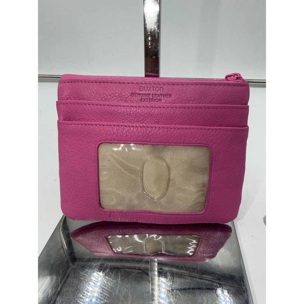Buxton Pink Genuine Leather Card Case ID Window Coin Purse Key Ring Zip Pouch